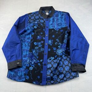 KOOS of Course! Womens M Blue Silk Floral Patchwork Button Front Blouse